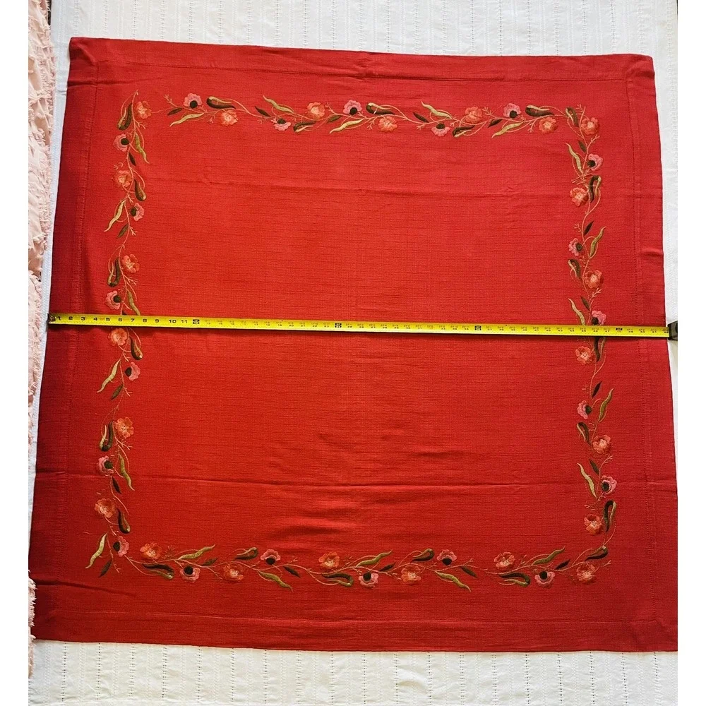VTG April Cornell Square Cotton Tablecloth. 51x52. Burnt Red W/Floral Embroidery